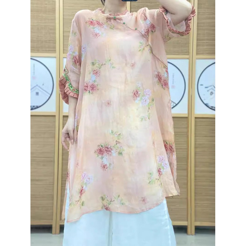 Summer Floral Spliced Split Hem Ramie Long Tops Half Sleeve