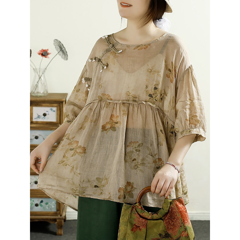 Summer Vintage Floral Spliced Ramie Shirt Half Sleeve