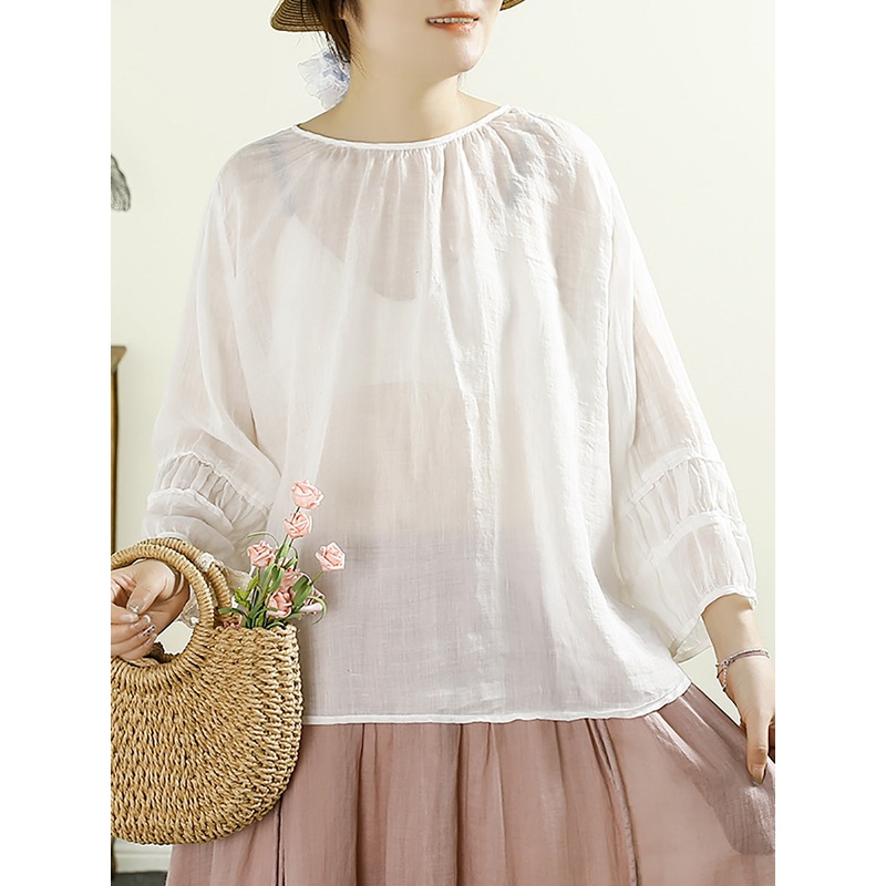 White Summer Artsy Solid O-Neck Ramie Tops