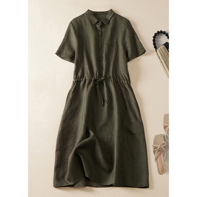 Women Army Green Lace Up Button Linen Dress Summer