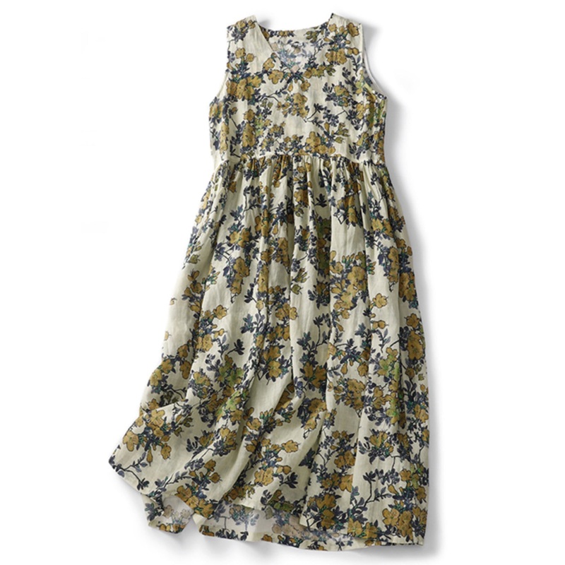 Women V Neck Print High Waist Linen Dresses Sleeveless