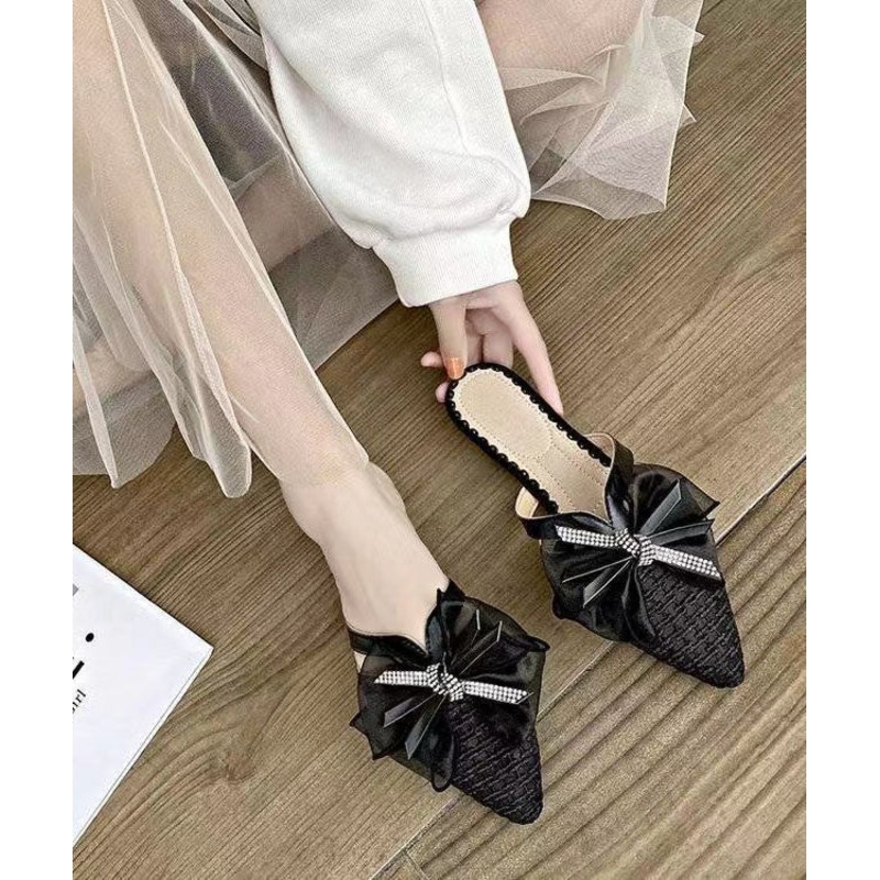 Black Breathable Tulle Splicing Slide Sandals Pointed Toe