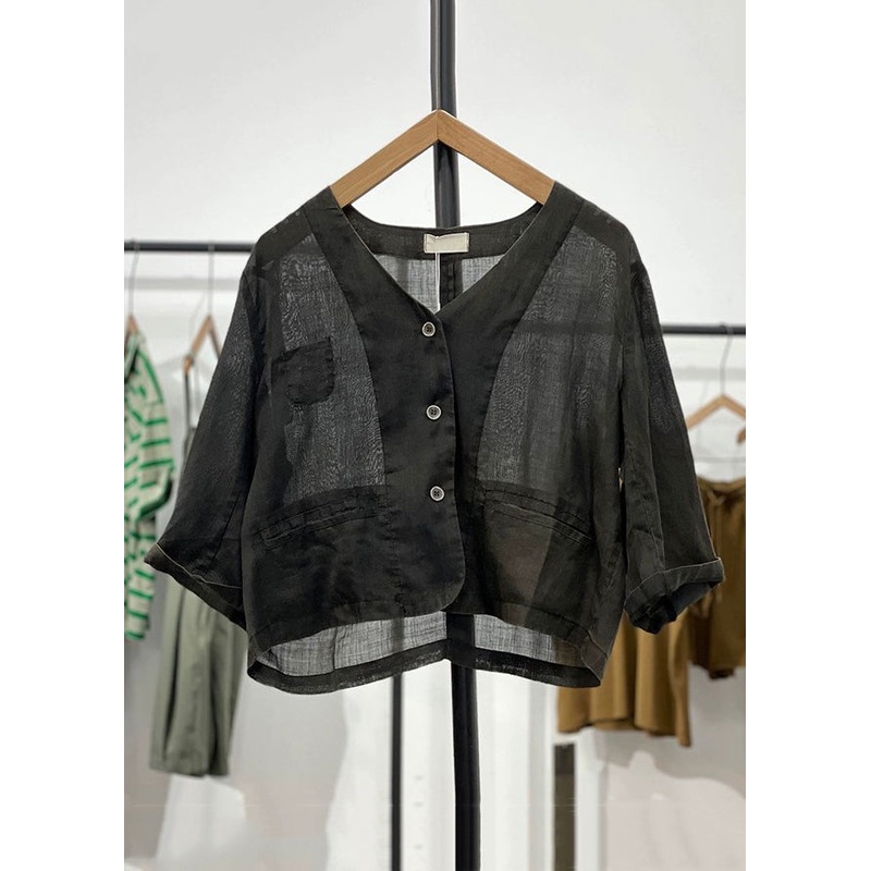 Black Pockets Solid Linen Cardigan V Neck Long Sleeve