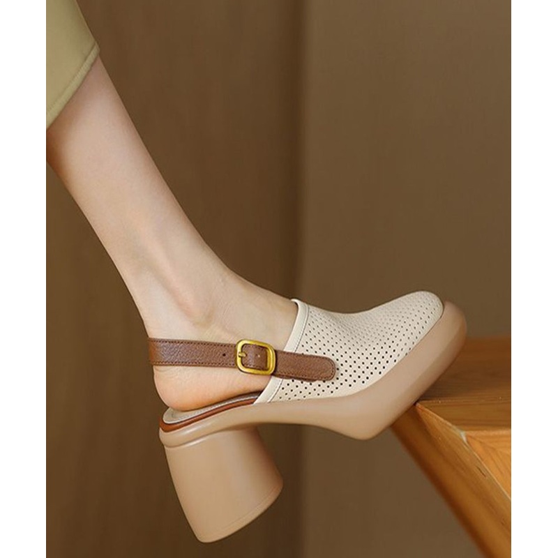 Classy Beige Faux Leather Hollow Out Chunky Sandals