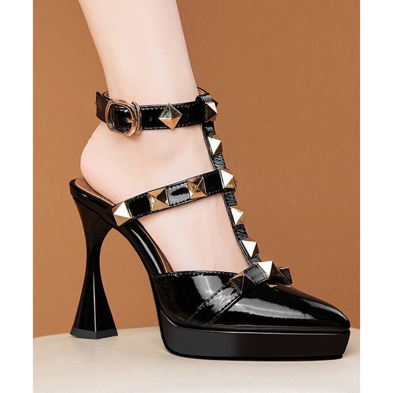 Fashion Black Rivet High Heel Sheepskin Platform Sandals