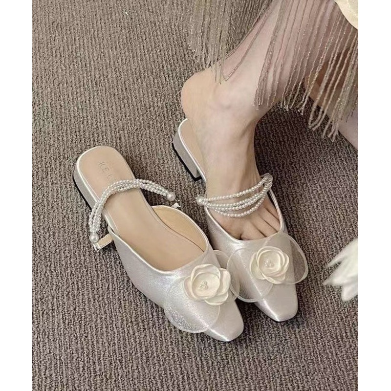 French Apricot Pearl Floral Satin Slide Sandals