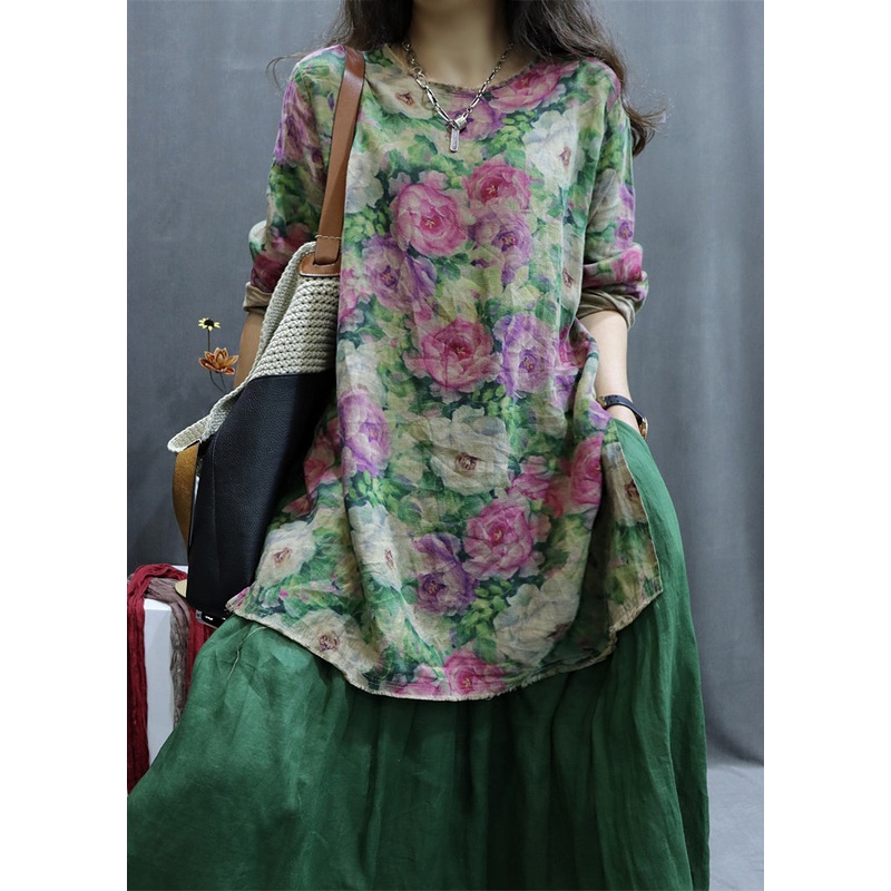 Pink Low High Design Linen Shirt O-Neck Long Sleeve
