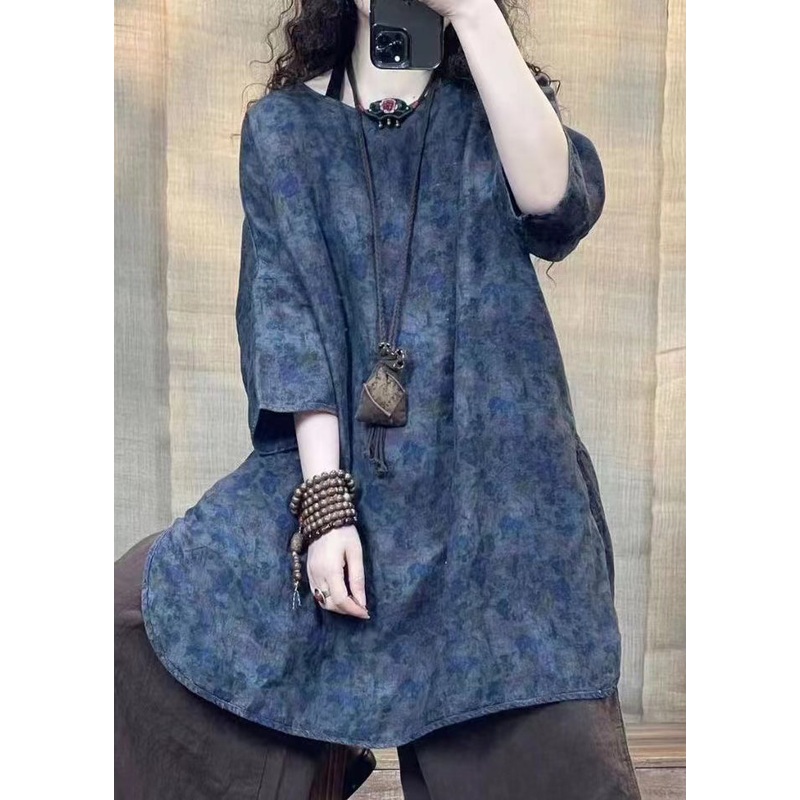 Retro Dark Purple Print Linen Shirt Top Bracelet Sleeve