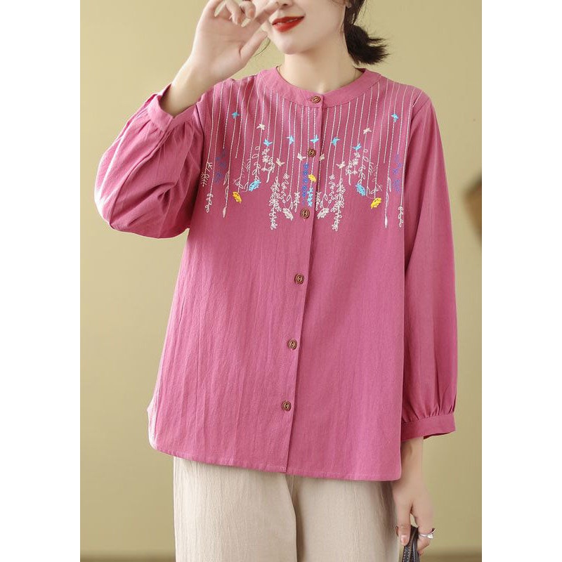 Rose Linen Top Embroidered Stand Collar Button Long Sleeve