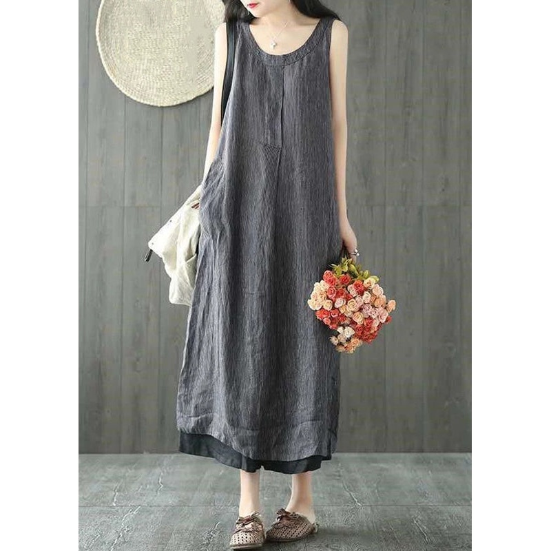 Women Black O Neck Pockets Linen Long Dresses Sleeveless