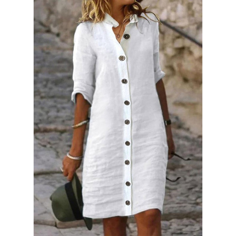 Women White Stand Collar Button Cotton Shirts Dresses Half Sleeve