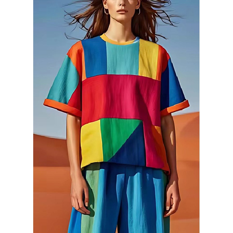 Art Colorblock Asymmetrical Patchwork Linen Tank Tops Summer