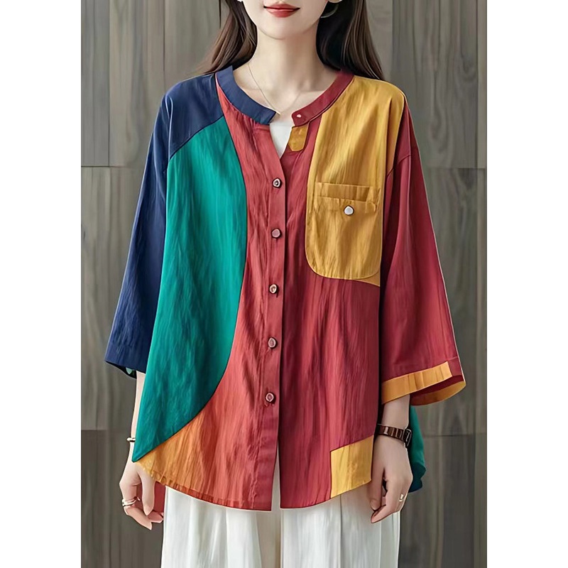 Art Colorblock Oversized Patchwork Linen Shirt Summer