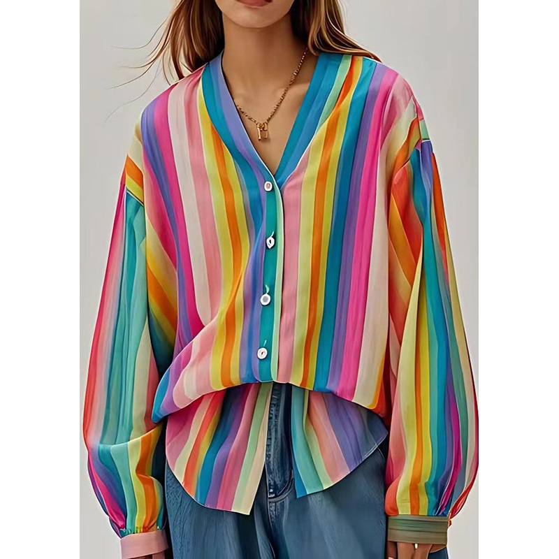 Art Rainbow V Neck Striped Linen UPF 50+ Top Summer