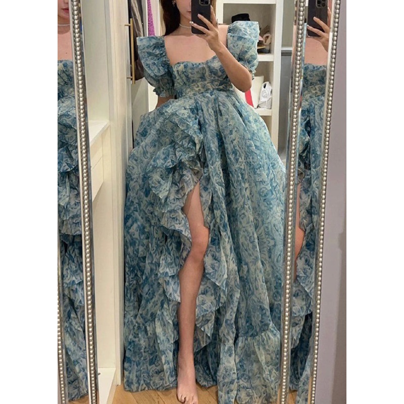 Beautiful Blue Print Ruffled Side Open Chiffon Maxi Dresses Summer