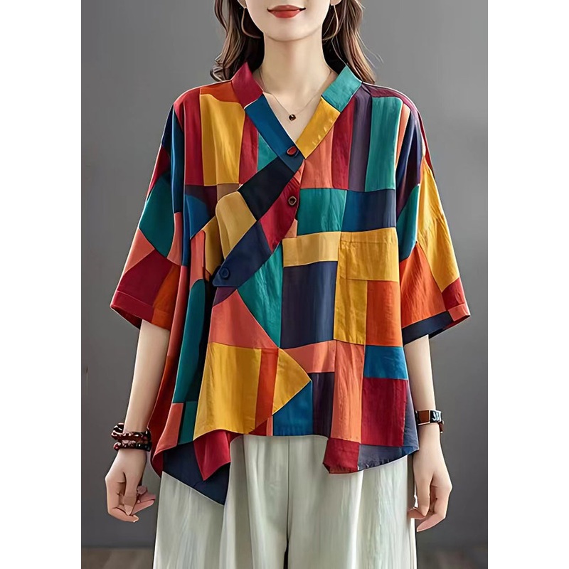 Beautiful Colorblock Asymmetrical Patchwork Applique Linen Top Summer