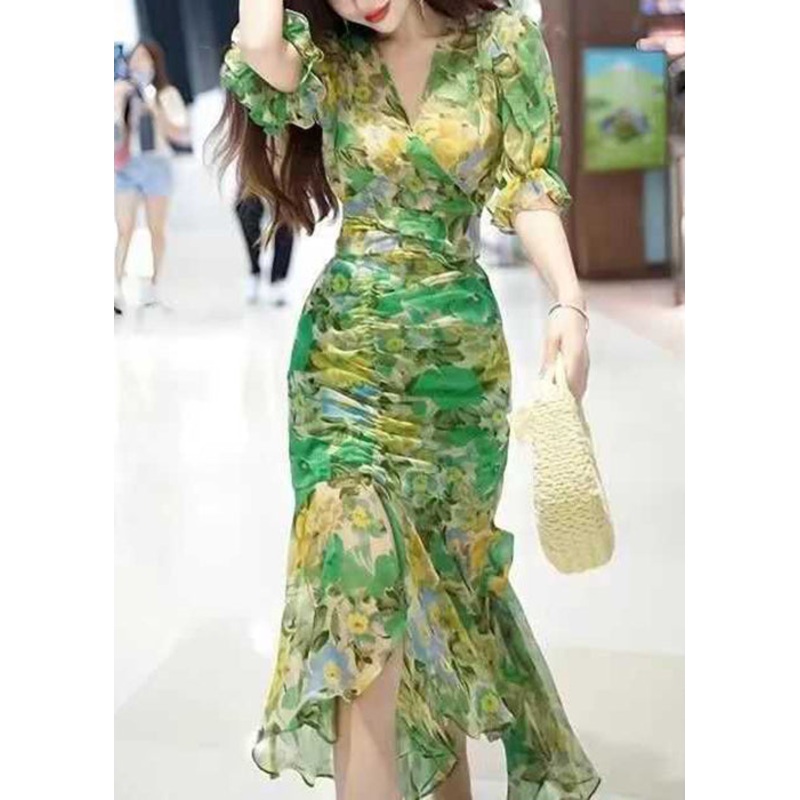 Beautiful Green V Neck Print Patchwork Chiffon Long Dress Summer