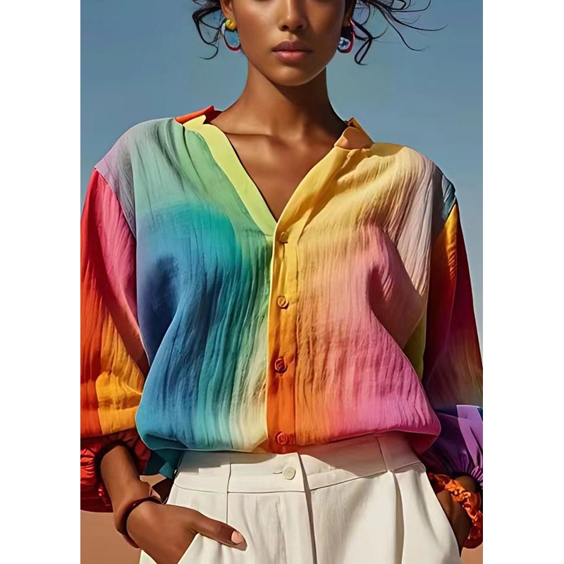 Boutique Gradient Color V Neck Linen Shirts Summer
