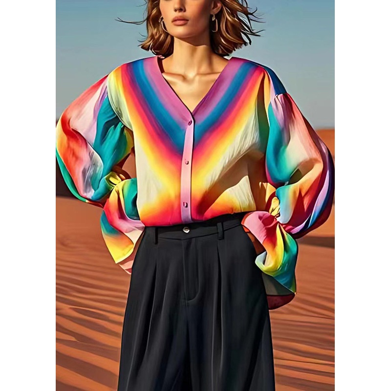 Fine Rainbow Oversized Tie Dye Linen Shirt Tops Lantern Sleeve