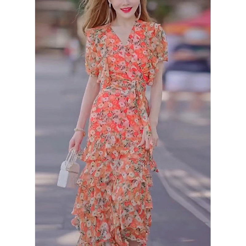 Stylish Print Ruffled Tie Waist Chiffon Long Dresses Summer