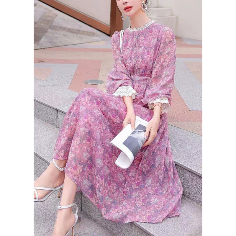 Stylish Purple Print Lace Patchwork Chiffon Holiday Dress Summer