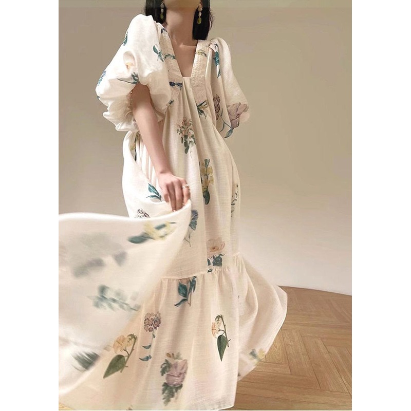 Vacation Style White Print Bubble Sleeved Cotton Dress