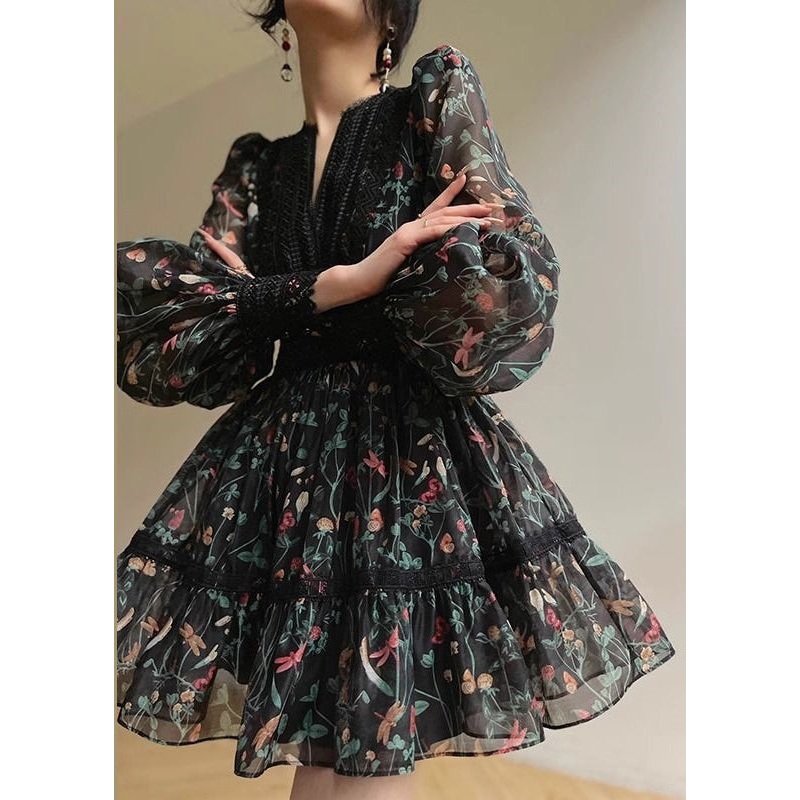 Women Black V Neck Print Lace Patchwork Chiffon Short Dress Long Sleeve