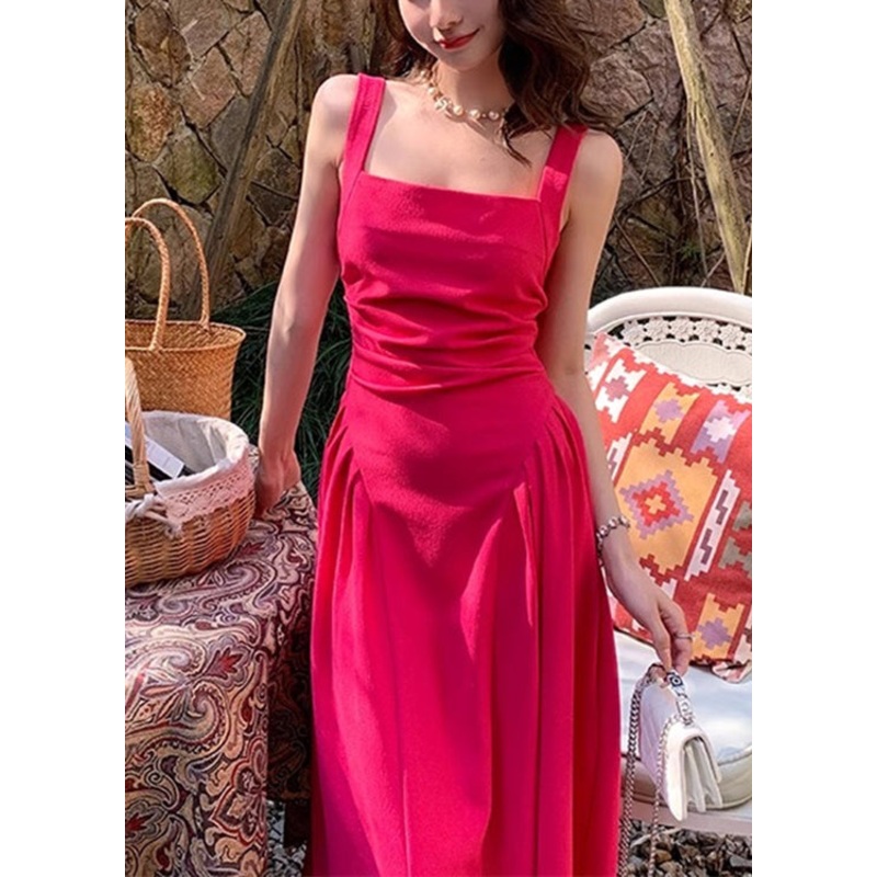 Women Rose Square Collar Solid Cotton Dress Sleeveless