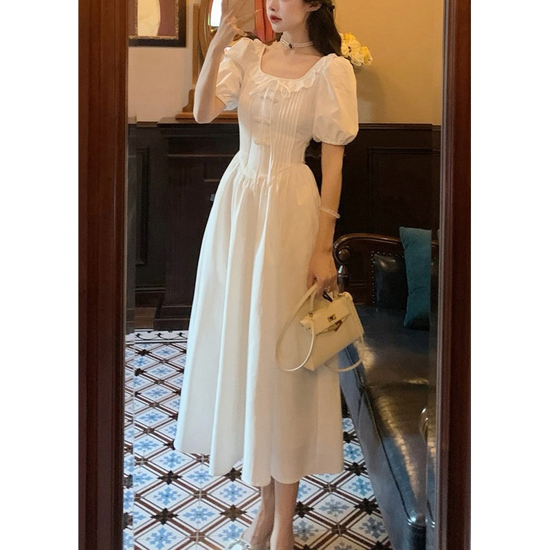 Women White Ruffled Solid Cotton Long Dress Summer