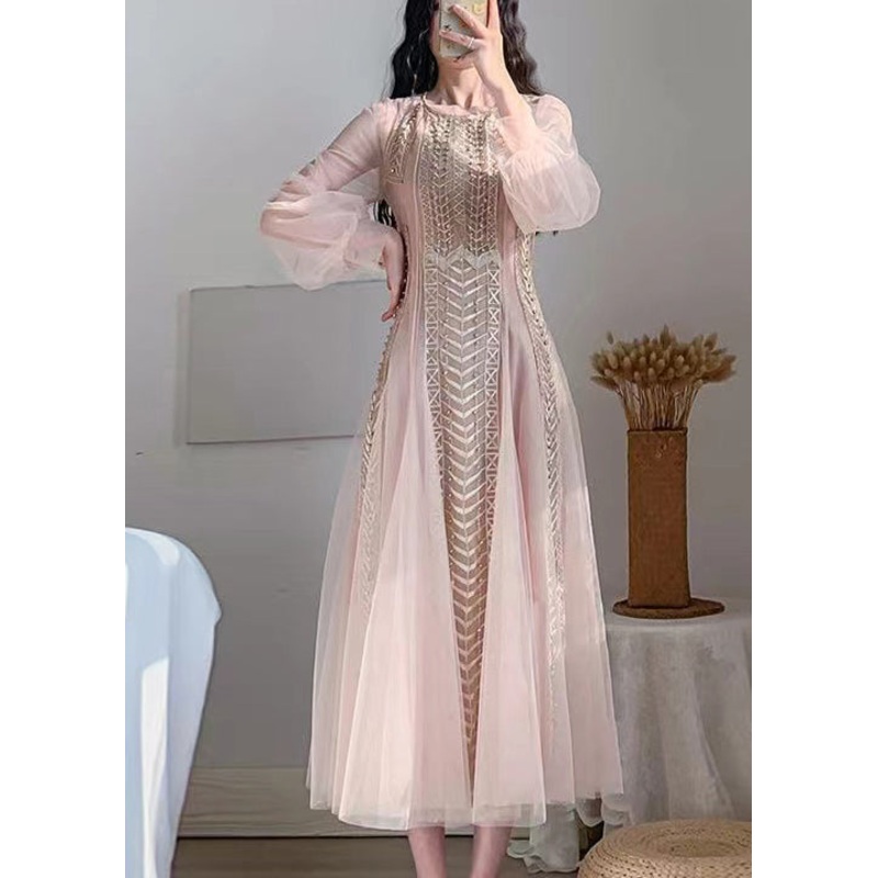 2024 New Pink Mesh Tulle Nail Bead Bubble Sleeve Dress