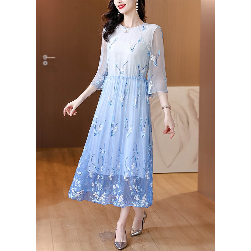Art Gradient Blue O Neck Embroidered Drawstring Silk Dress Summer