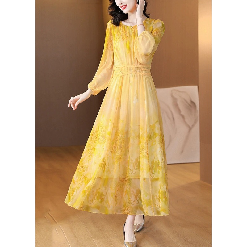 Art Yellow O Neck Print Lace Up Silk Long Dress Summer