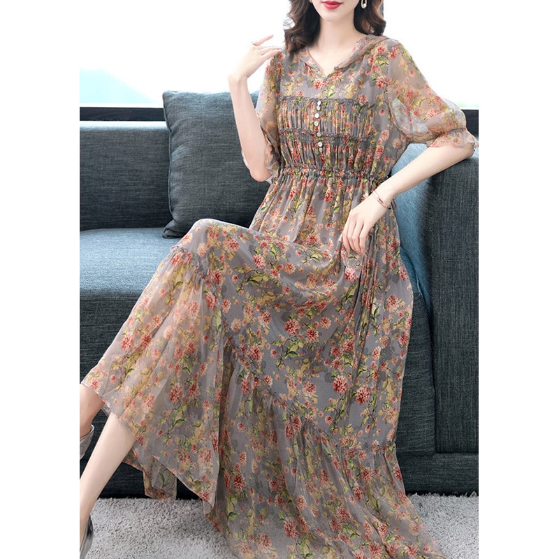Beautiful Grey Ruffled Print Patchwork Silk Long Dresses Summer
