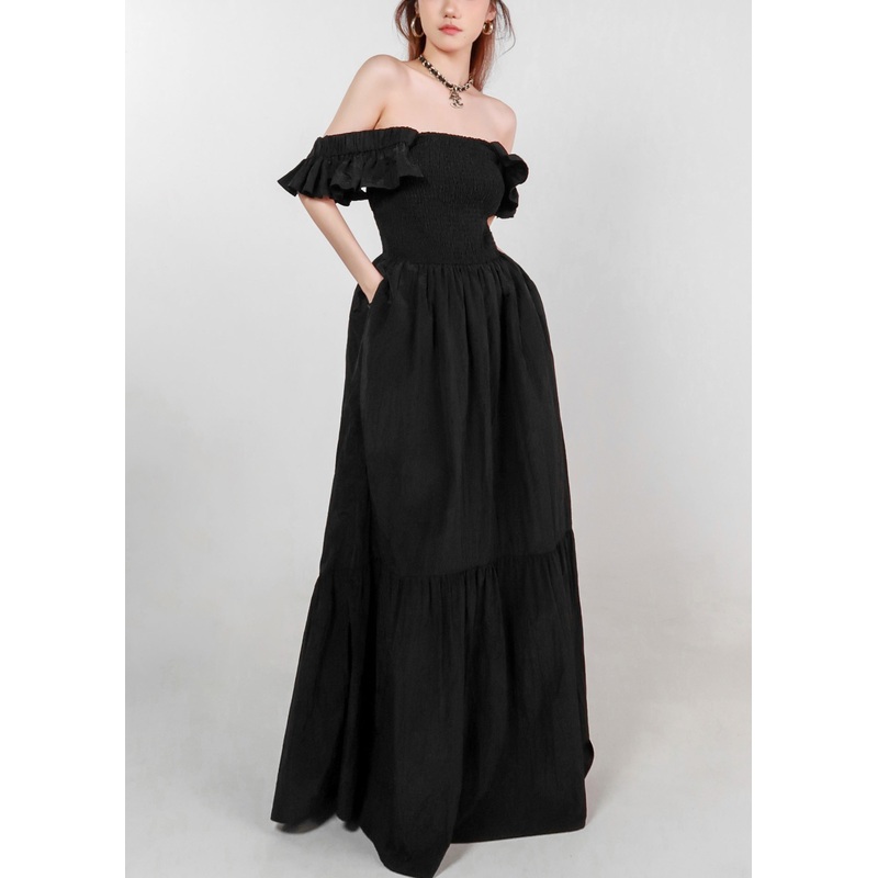 Black Solid Pockets Cotton Dress Square Collar Butterfly Sleeve