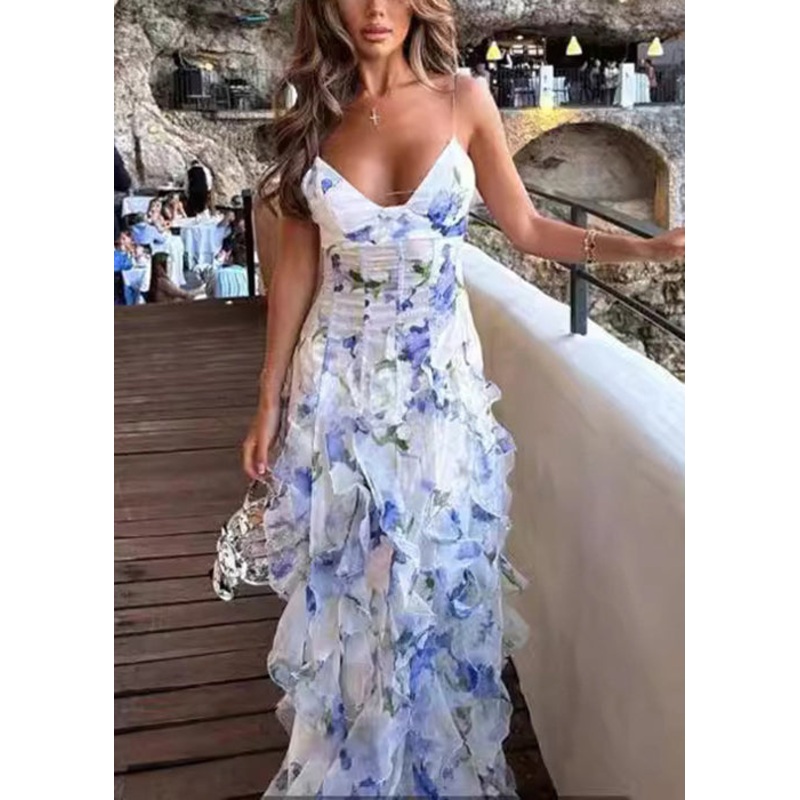 Bohemian Blue Ruffled Print Tulle Spaghetti Strap Dress Sleeveless