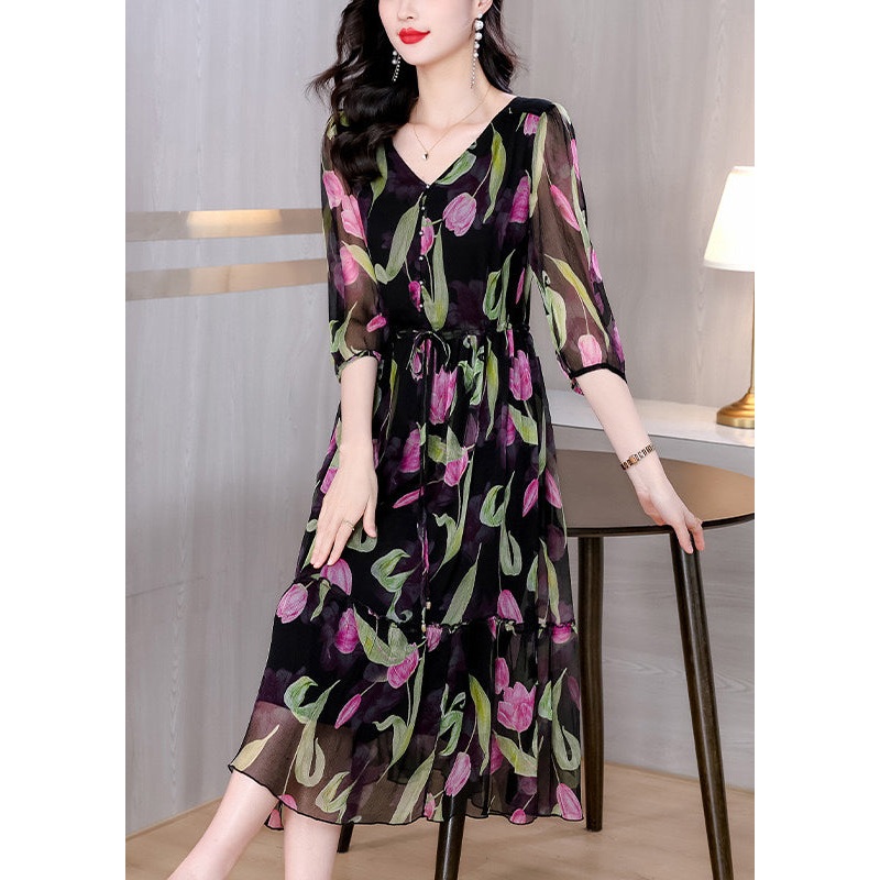 Boho Black V Neck Print Drawstring Chiffon Dress Summer