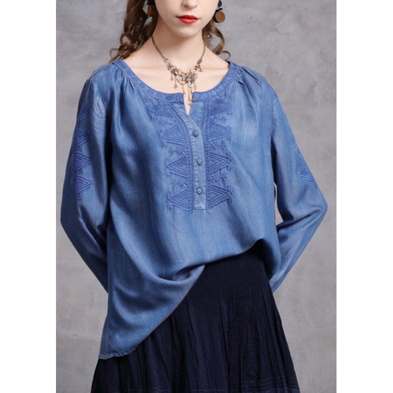 Brief Blue O-Neck Embroidered Button Denim Shirts Spring
