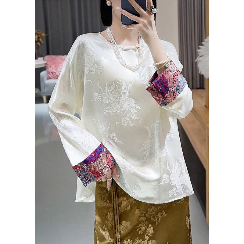 Retro White O Neck Jacquard Silk Blouses Long Sleeve