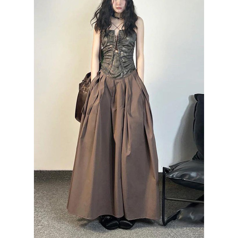 Unique Coffee Pockets Patchwork Cotton Spaghetti Strap Dress Sleeveless
