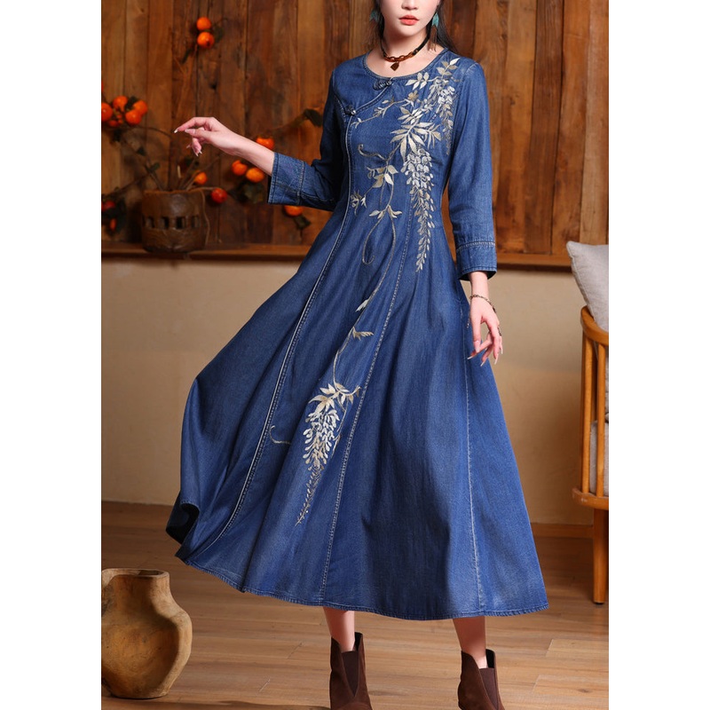 Vintage Blue O-Neck Embroidered Button Long Denim Dresses Spring