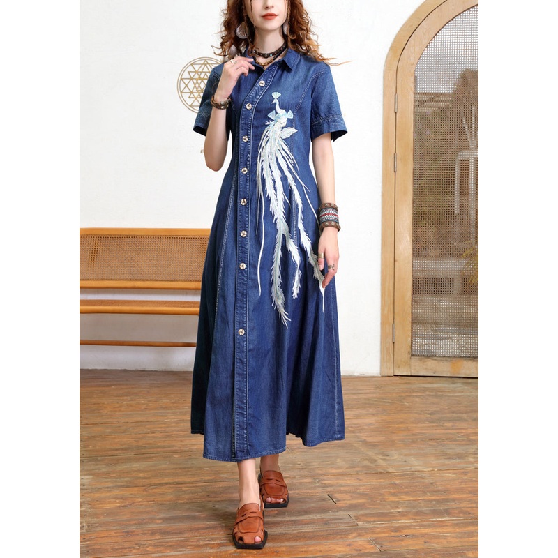 Vintage Blue Peter Pan Collar Patchwork Button Long Denim Dress Short Sleeve