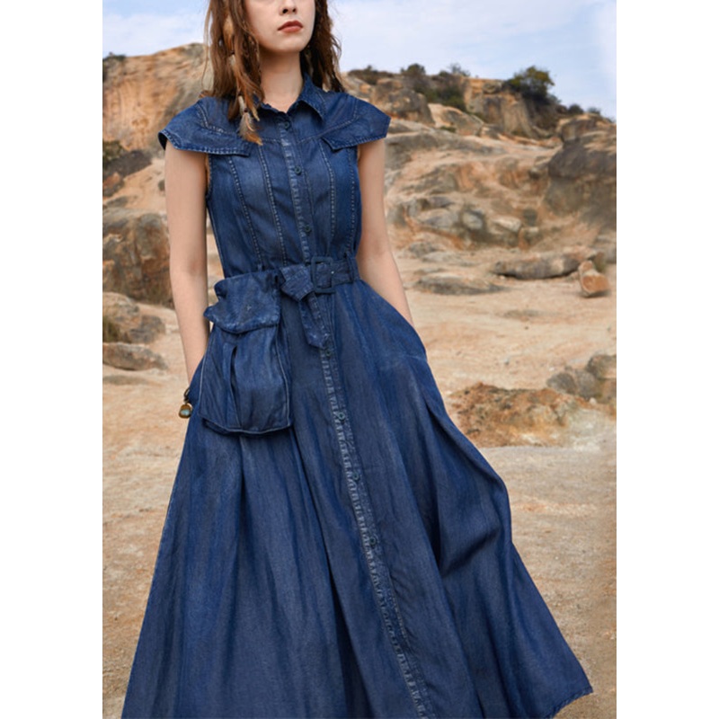 Vintage Navy Peter Pan Collar Patchwork Pockets Long Denim Dress Short Sleeve