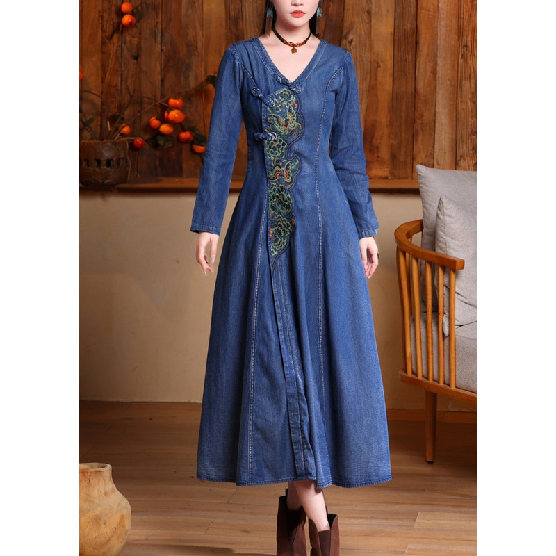 Vintage Navy V Neck Embroidered Button Long Denim Dresses Long Sleeve