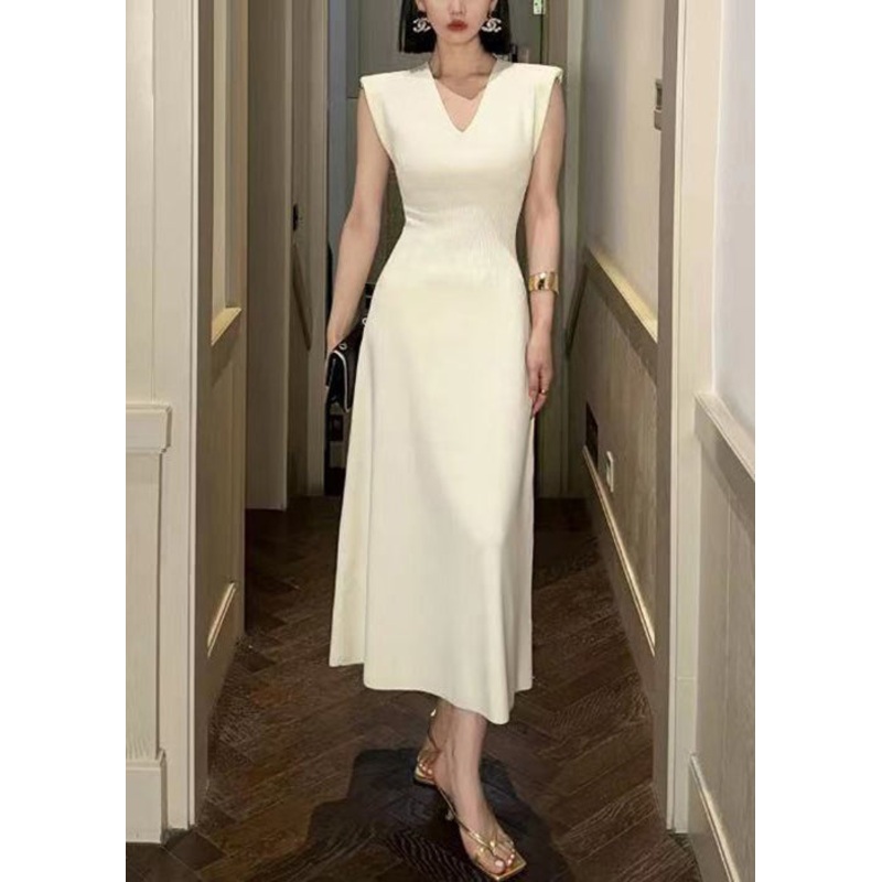 Women Beige V Neck Solid Cotton Long Dresses Sleeveless