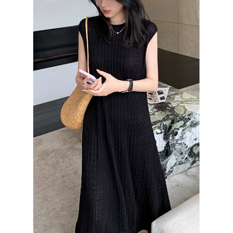 Women Black O-Neck Solid Knit Long Dresses Summer
