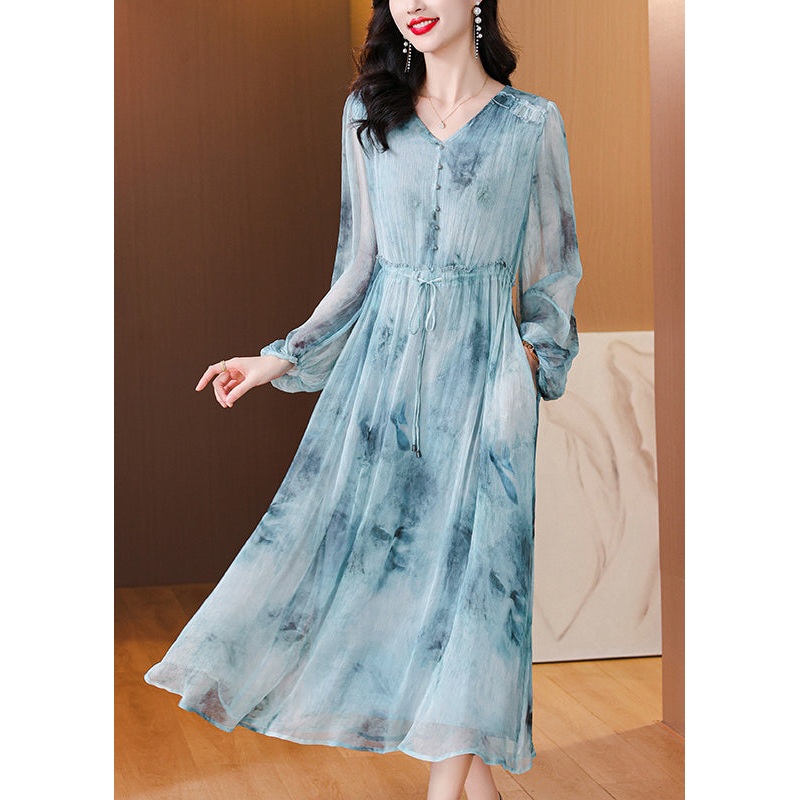 Women Blue V Neck Print Drawstring Silk Dress Lantern Sleeve