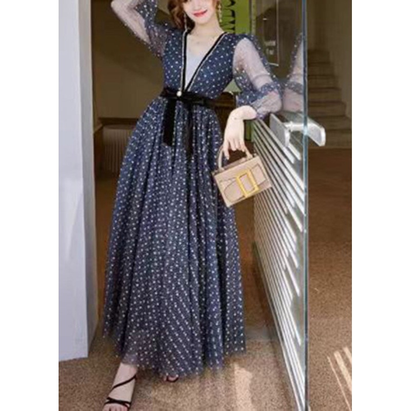 Women Blue V Neck Print Wrinkled Tulle Dress Long Sleeve