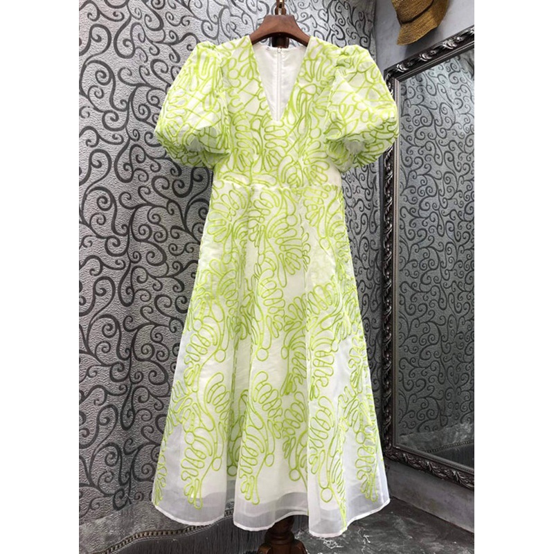 Women Green V Neck Embroidered Cotton Mid Dress Summer