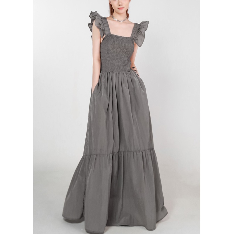 Women Grey Pockets High Waist Cotton Long Dress Summer