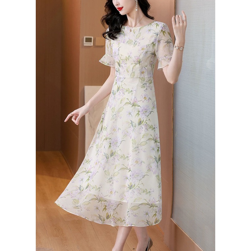 Women O Neck Print Chiffon Long Dress Summer
